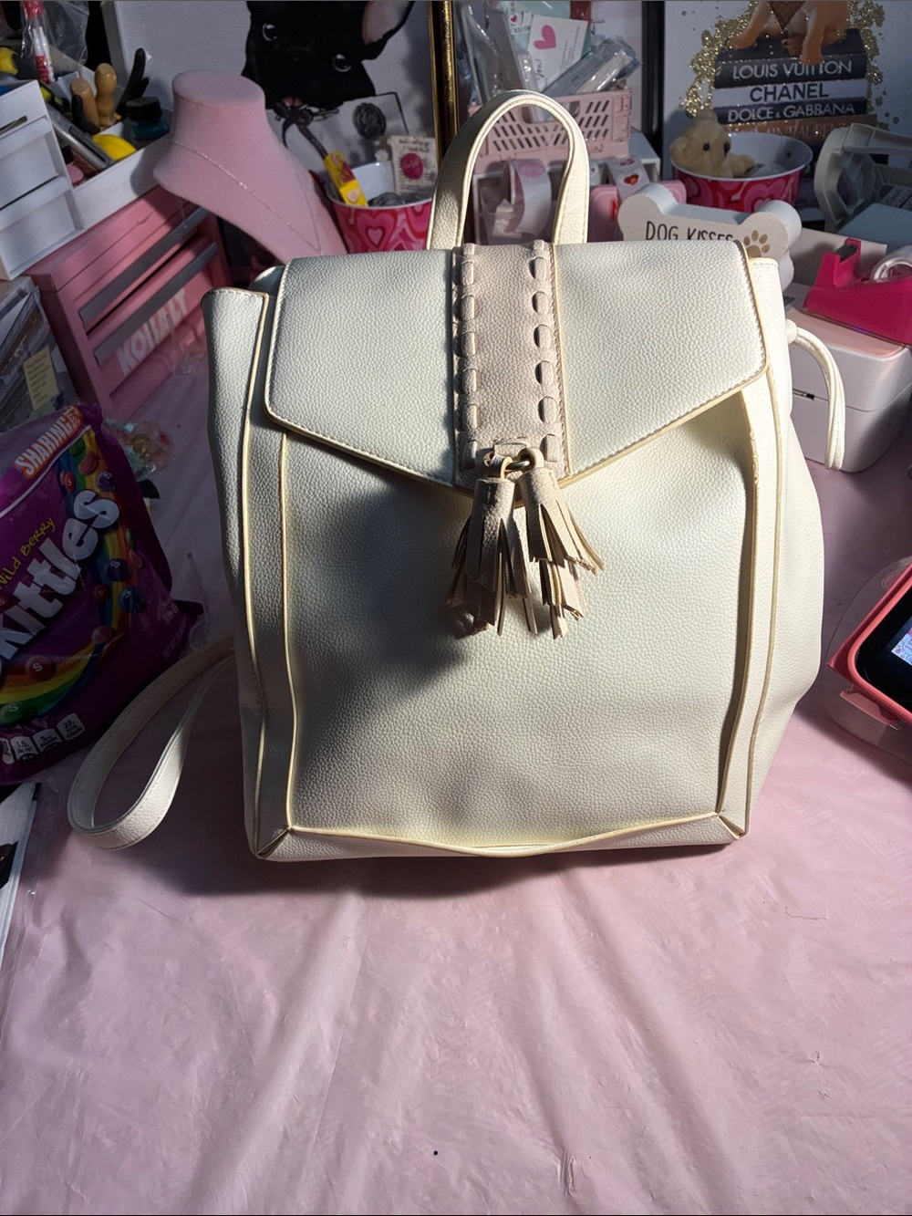 Lionel White & Cream Tassel Accent Backpack Purse - Women Bags